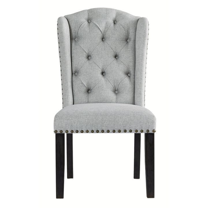 Button Tufted Fabric Upholstered Side Chair with Wooden Legs, Set of 2, Gray
