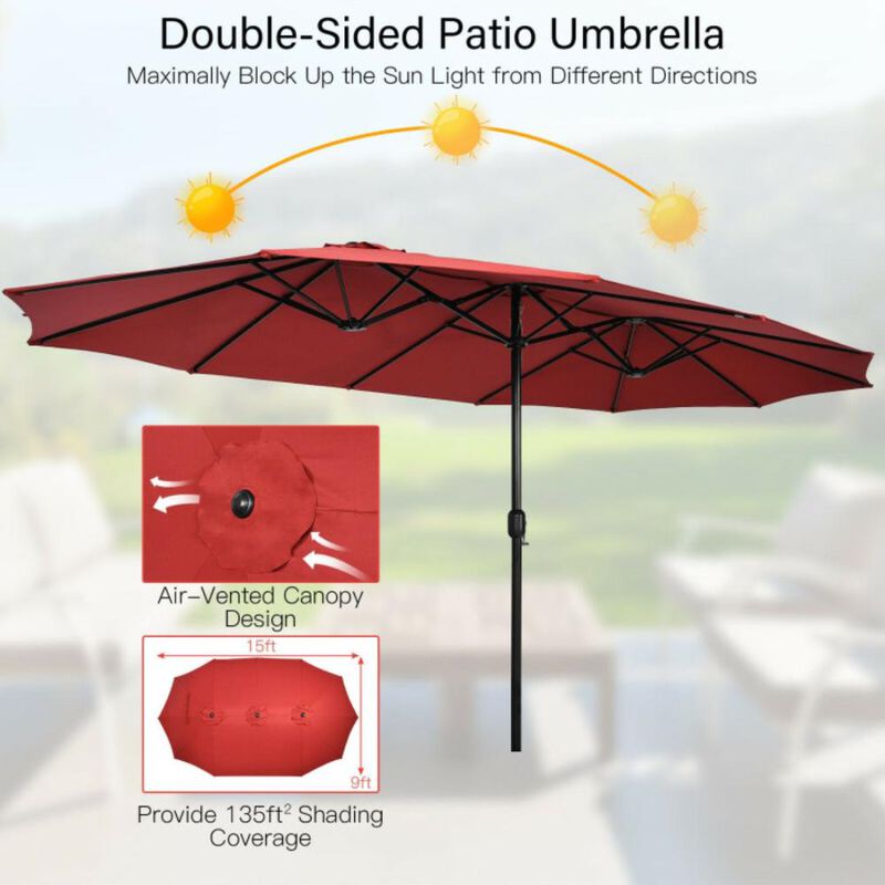 Hivvago Double-Sided Twin Patio Umbrella with Crank and Base