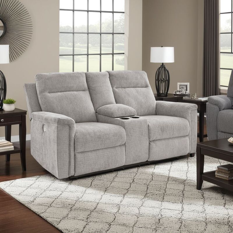 Jinu Power Recliner Loveseat, Gray Polyester Micro Chenille, 75 Inch  - Benzara