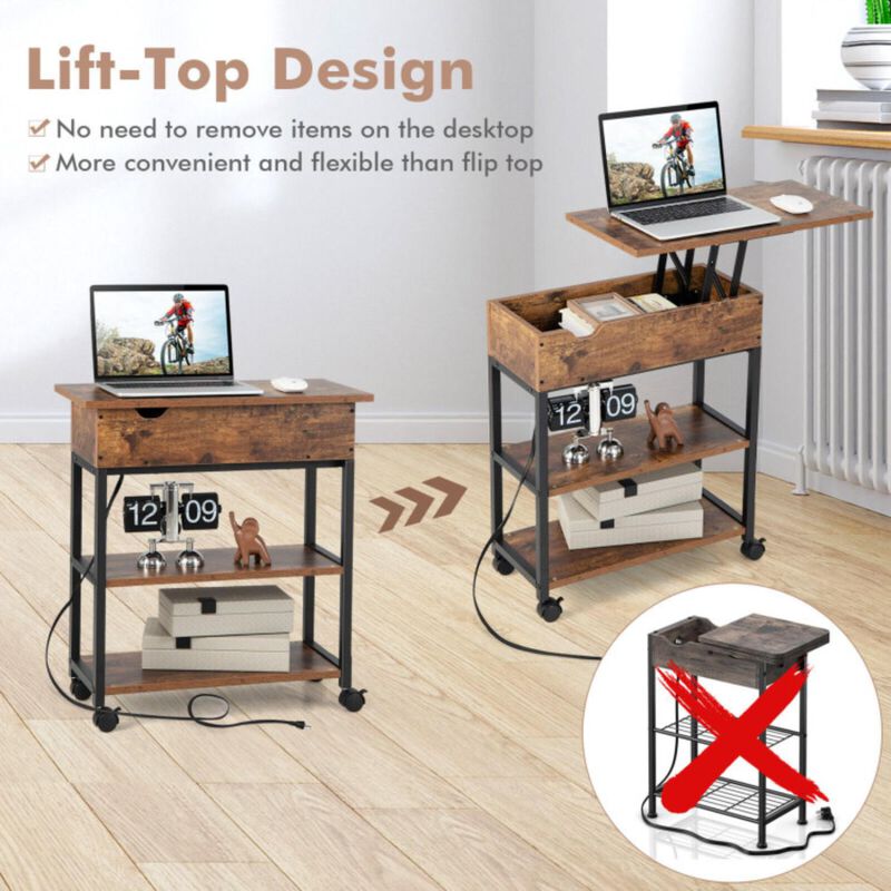 Hivvago Lift Top End Table with Charging Station and Universal Wheels-Rustic Brown