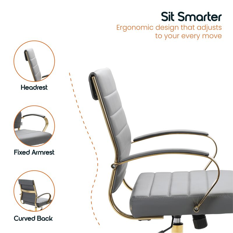 LeisureMod Benmar Leather Office Chair with Gold Accents, Adjustable Height, Swivel Base, Ergonomic Design for Home Office, Study, or Workspace