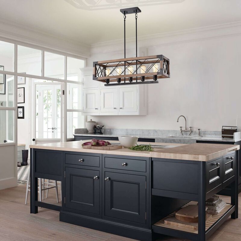 Adela Antique Black 5-light Rectangular Metal and Natural Wood Chandelier image number 4