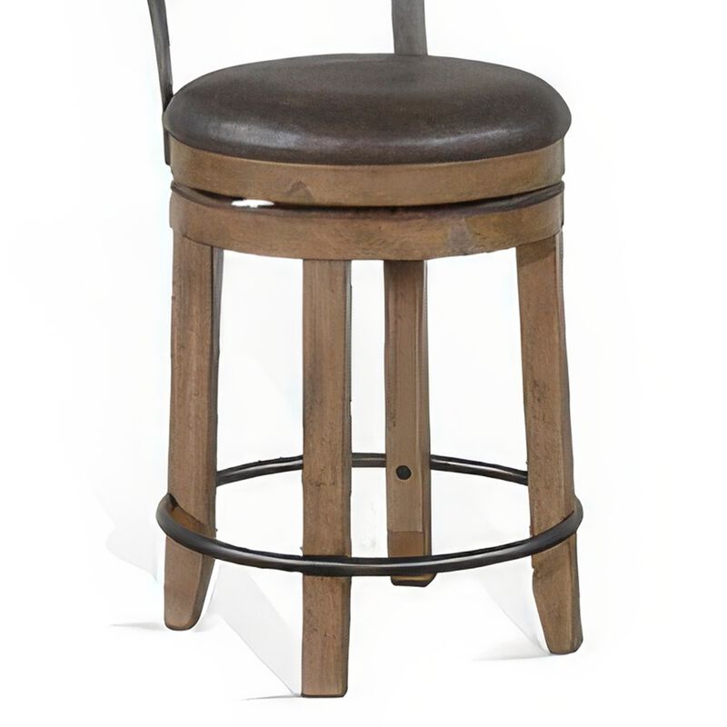 Yael Swivel Counter Stool Chair Set of 2, Gray Faux Leather Brown Wood - Benzara