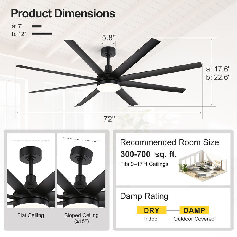 Breezary 72 Inch Black Morden LED Ceiling Fan with Light Remote(8-Blade) image number 4