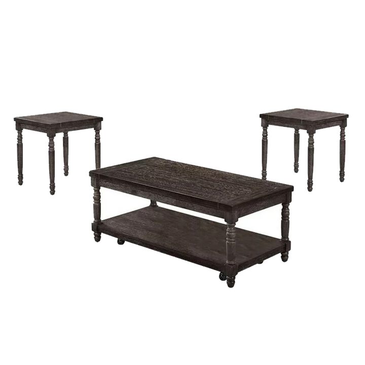 3 Piece Coffee Table and End Table Set, Plank Style, Wheels, Weathered Gray - Benzara