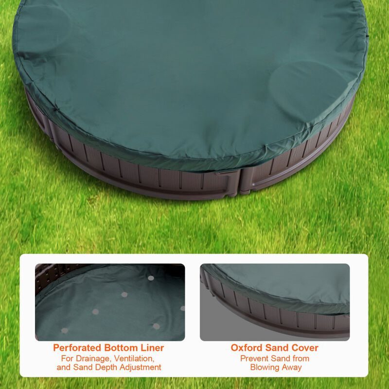 Kids Sandbox with Cover, Oval Sand Pit with 4 Corner Seats for Outdoor Play image number 7