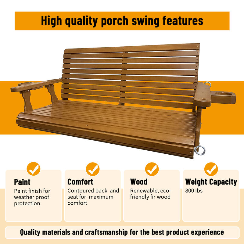 Wooden Porch Swing 2-Seater, Bench Swing with Cupholders, Hanging Chains and 7mm Springs, Heavy Duty 800 LBS, for Outdoor Patio Garden Yard (Brown)