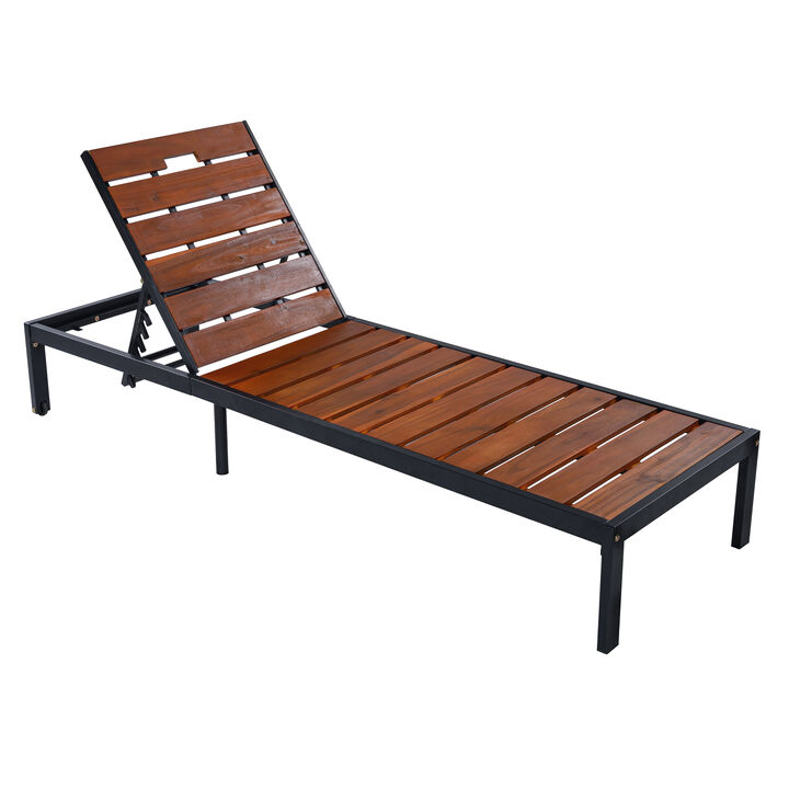 Merax Outdoor Chaise Lounge | 6-Position Adjustable Backrest, Steel Frame with Acacia Wood Slat Seat