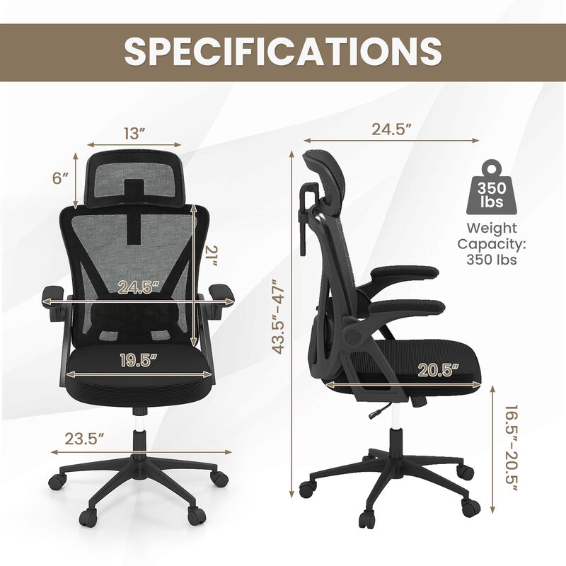 Mesh Office Chair with Adjustable Lumbar Support and Flip-up Armrests image number 4