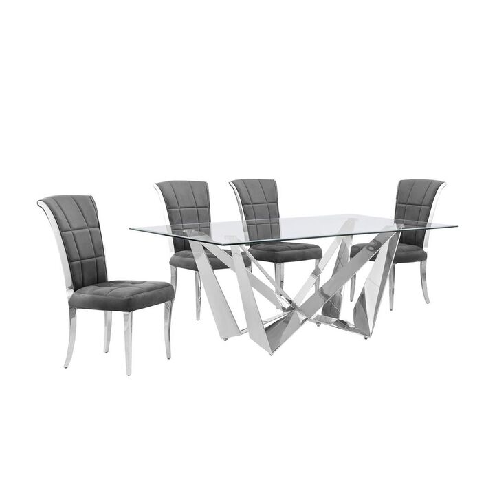 5pc Small(78") glass dining set with silver base and 4 Dark grey side chairs