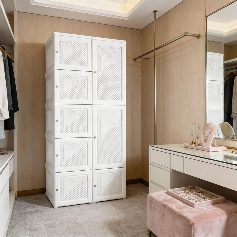 Portable Folding Wardrobe Storage Cabinet - 6 Compartments White Clothes Organizer for Entryway image number 9