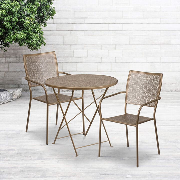 Flash Furniture Commercial Grade 30" Round Gold Indoor-Outdoor Steel Folding Patio Table Set with 2 Square Back Chairs
