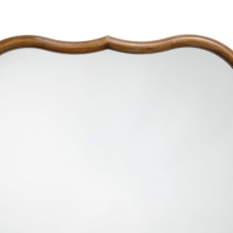 Deri Scalloped Wall Mirror, 31 Inch Brown Frame, Non Beveled Edge - Benzara image number 3