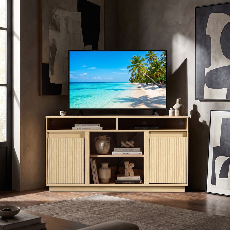 47" Modern Natural Oak Wood Fluted Door Corner TV Stand Media Console with Open Shelf and Cabinet for TVs up to 50" image number 6