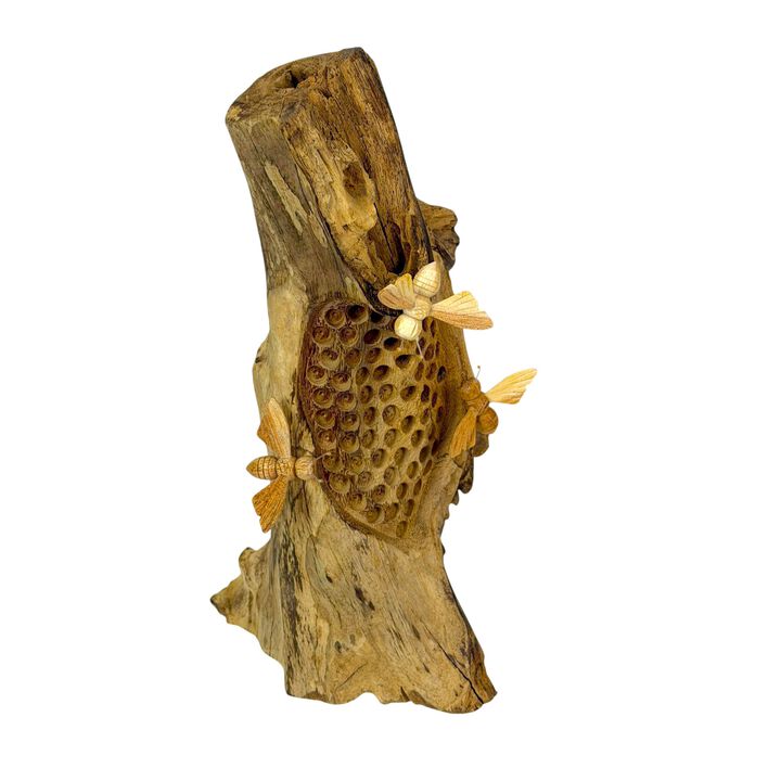 Wood Beehive Decorative Sculpture Natural Standing Accent With 3 Bees