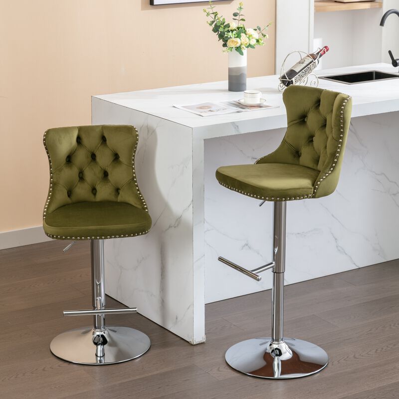 Streamdale Swivel Velvet Barstools, Adjustable Height, Set of 2, Olive Green