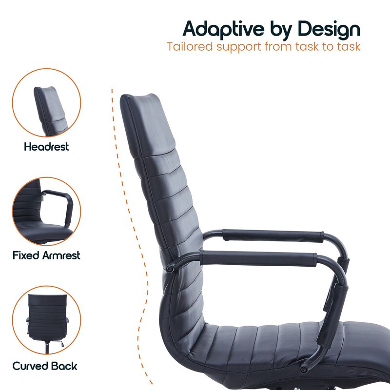 LeisureMod Harris Ergonomic High-Back Office Chair – Leather Upholstery, Adjustable Swivel, Tilt, and Black Iron Frame for Office & Conference Use