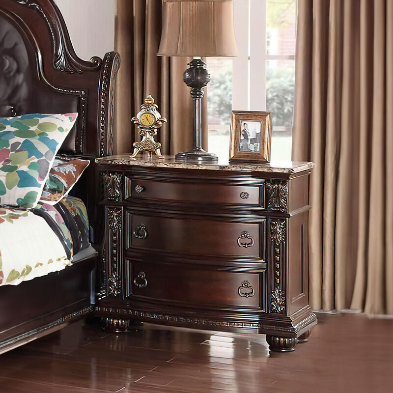 Sany Wooden Nightstand with Three Spacious Drawers and Bun Feet, Cherry Brown - Benzara