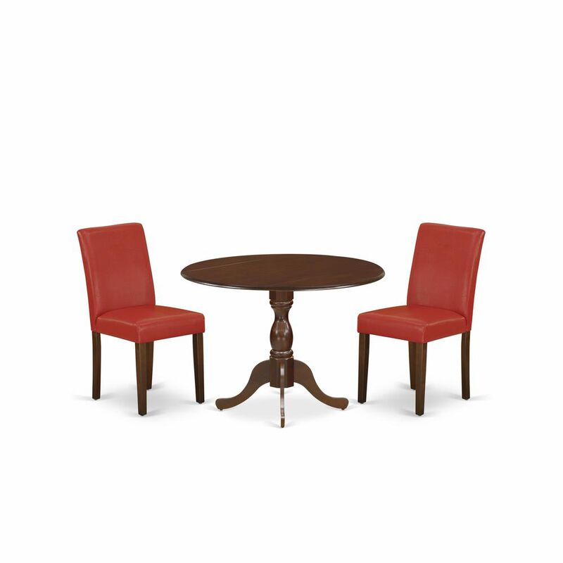 East West Furniture DMAB3-MAH-72 3 Piece Kitchen Table Set Includes 1 Drop Leaves Dining Room Table and 2 Firebrick Red PU Leather Upholstered Chair with High Back - Mahogany Finish