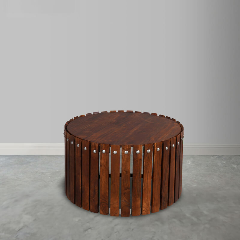Myla 31 Inch Handcrafted Round Coffee Table with Vertical Planks, Iron Rivets, Dark Walnut Brown Acacia Wood