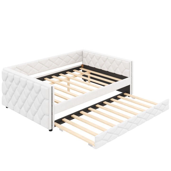 Merax Full XL PU Leather Upholstered Daybed with Trundle & LED Armrests