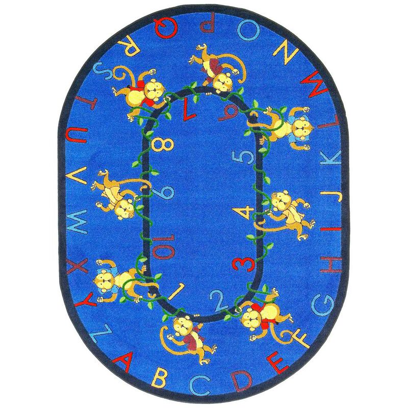 Joy Carpets Kid Essentials Monkey Business 7'8 x 10'9 Oval Area Rug in Color Blue