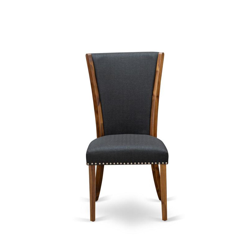 East West Furniture - Set of 2 - Dinner Chairs- Wooden Dining Chairs Includes Antique Walnut Wooden Frame with Black Linen Fabric Seat with Nail Head and Stylish Back