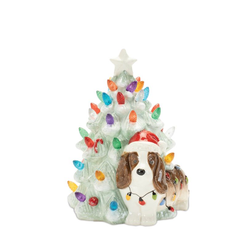 Ceramic Christmas Tree & Dog Decorations (Set of 2) – Cute Holiday Figurines for Mantel, Office, or Tiered Tray