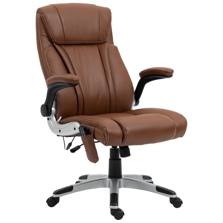 Heated Massage Office Chair with 6 Vibration Points, Heated Faux Leather Computer Chair with Flip-up Armrest, Adjustable Height, Brown