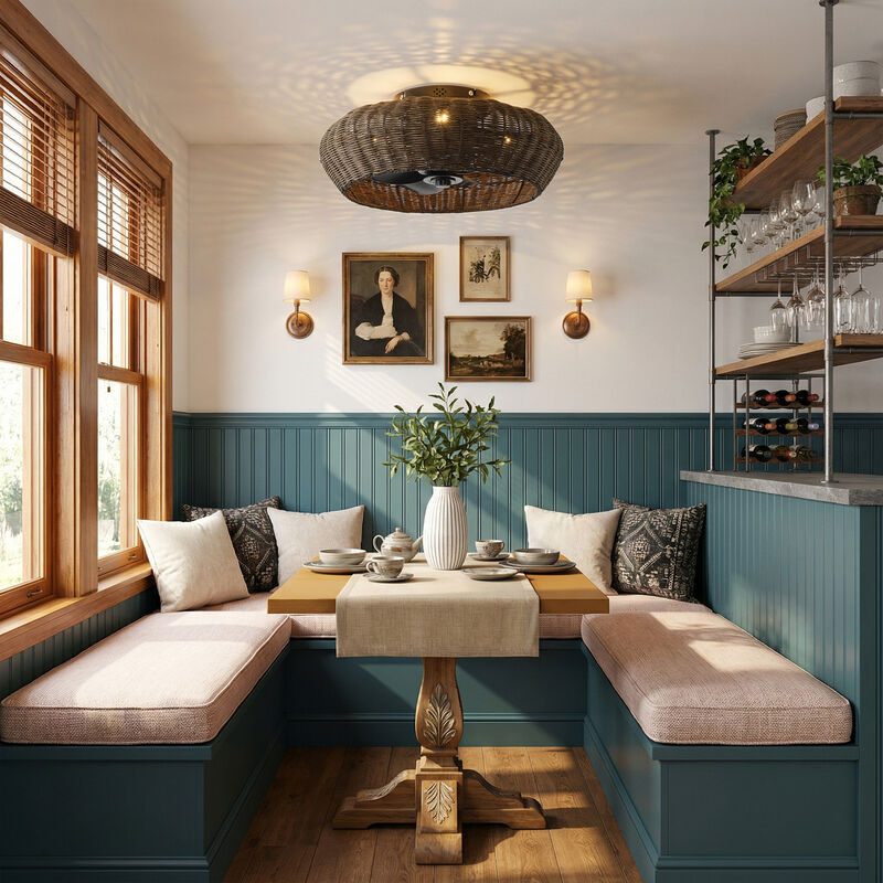 19.7" Boho Black Handwoven Rattan Caged Ceiling Fan with Light and Remote image number 2