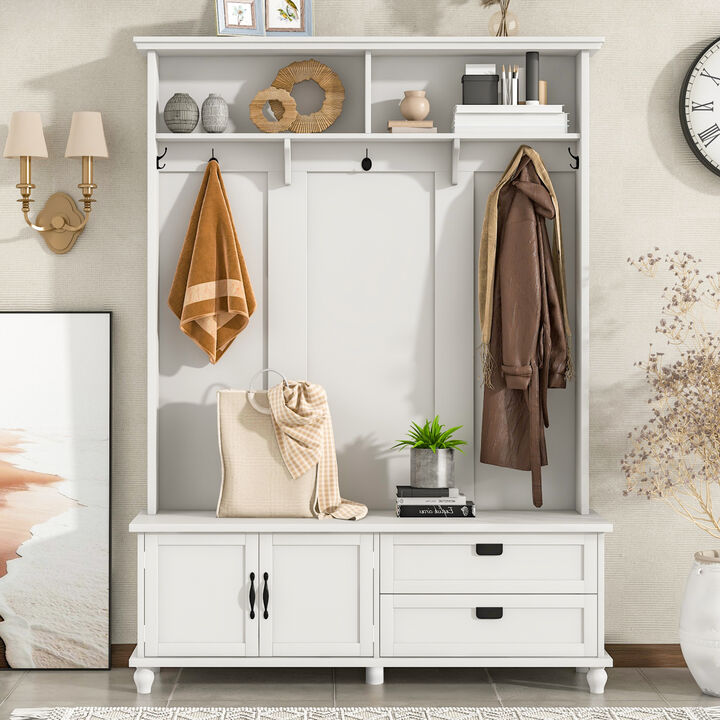 Modern Style Hall Tree with Storage Cabinet and 2 Large Drawers, Widen Mudroom Bench with 5 Coat Hooks, White