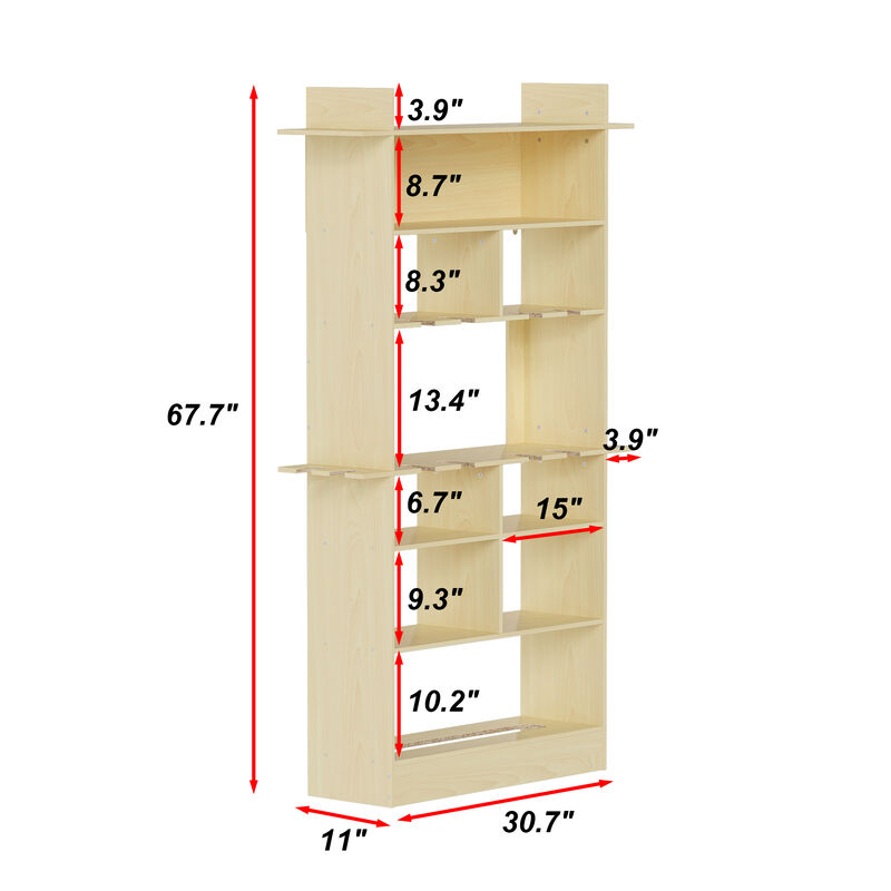 FUFU&GAGA Solid Wood Multi-functional Storage Cabinet with 9 Compartments & Tool Hooks, Space-Saving Design for Small Spaces, Natural Wood Finish (30.7 in.  W x 11 in.  D x 67.7 in.  H)