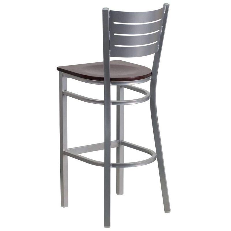 Flash Furniture HERCULES Series Silver Slat Back Metal Restaurant Barstool - Mahogany Wood Seat
