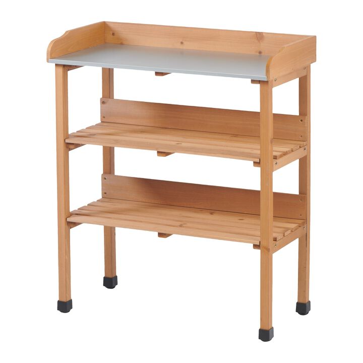 3 Layers Outdoor Work Bench w/Hook, Metal Tabletop, Solid Wood Workstation