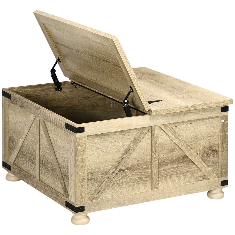 Oak Living Room Table: Farmhouse Square Coffee Table with Hidden Storage