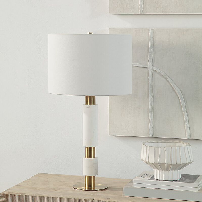 Renwil Pirot 27 Tall Antique Brushed Brass Iron Table Lamp With Tapered Linen Shade
