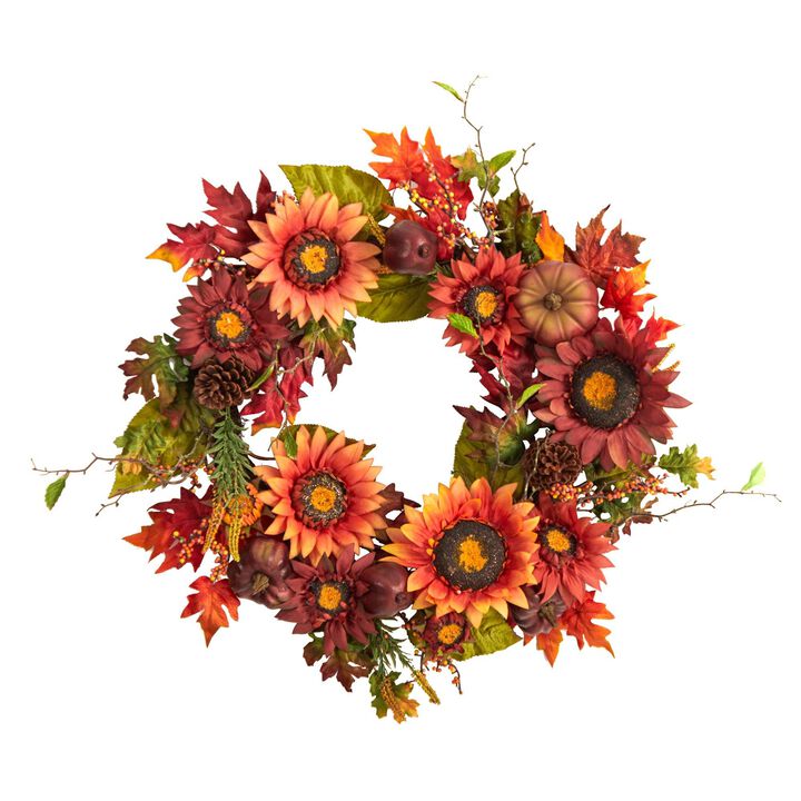 Nearly Natural 24-in Autumn Sunflower, Pumpkin, Pinecone and Berries Fall Artificial Wreath