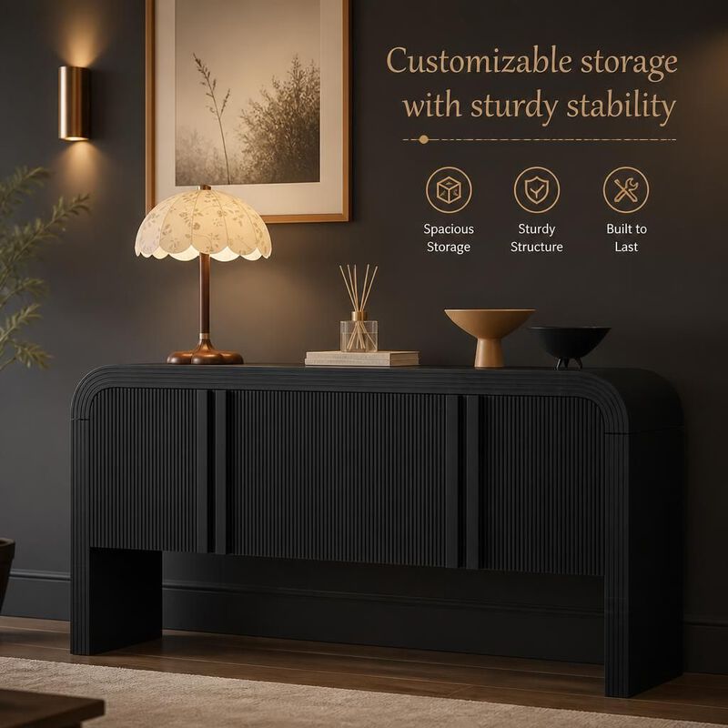 GOODSILO 62.2-Inch Curved Wave Pattern Console Table with 4 Doors and Adjustable Shelf, Narrow Entryway Sofa Table for Living Room, Foyer and Hallway image number 4