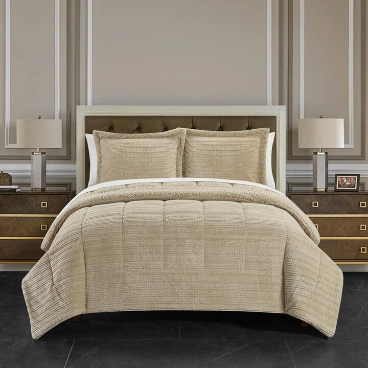 Chic Home Ryland Comforter Set Ribbed Textured Microplush Sherpa Bedding - Pillow Shams Included - 3-Piece - Queen 86x90", Beige