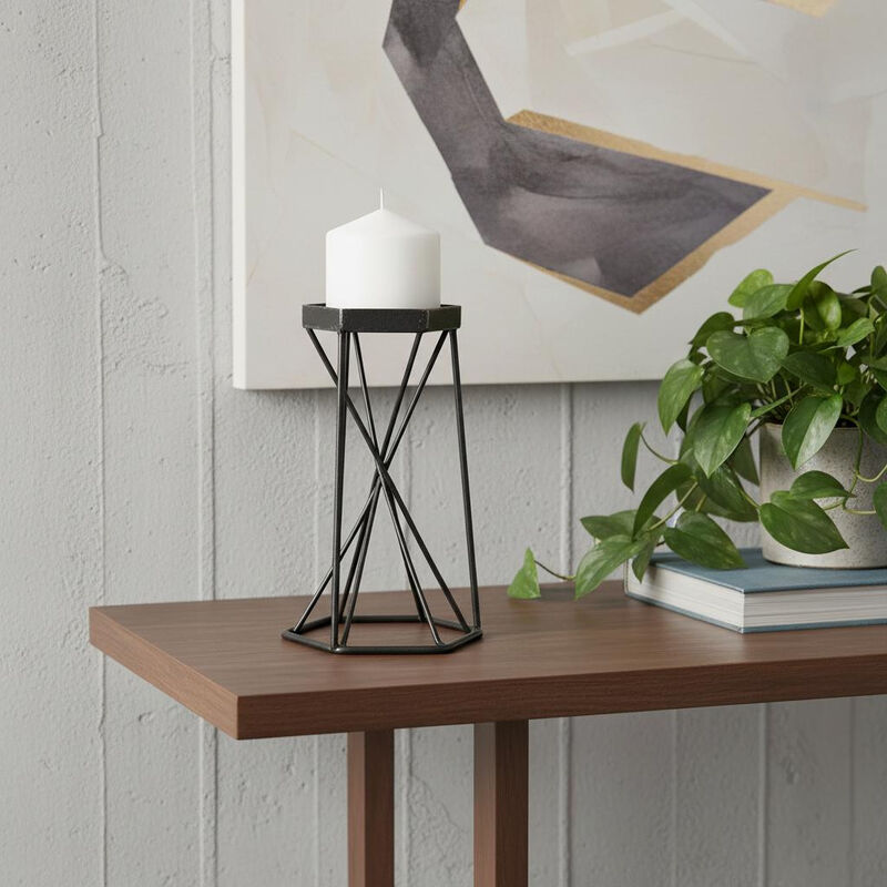 HomeRoots 8" Black Distressed Geometric Metal Tabletop Dish Candle Holder