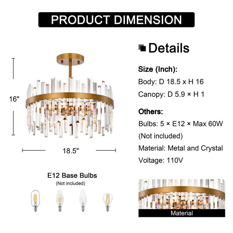 Jojospring Casandra 5-Light Drum Crystal Glass Flush Mount - Medium-gloss Brushed Brass image number 6