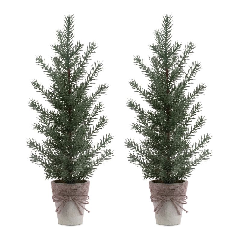 Set of 2 Potted Mini Pine Trees for Holiday Tabletop, Shelf, or Mantel Display