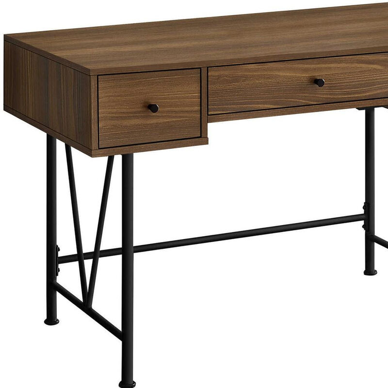 HomeRoots 47" Brown and Black Wood and Metal Sled Computer Desk With Three Drawers image number 2