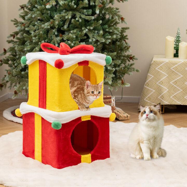 Christmas Cat House Set &ndash; 2 Gift Box Shaped Houses with Decorative Bow