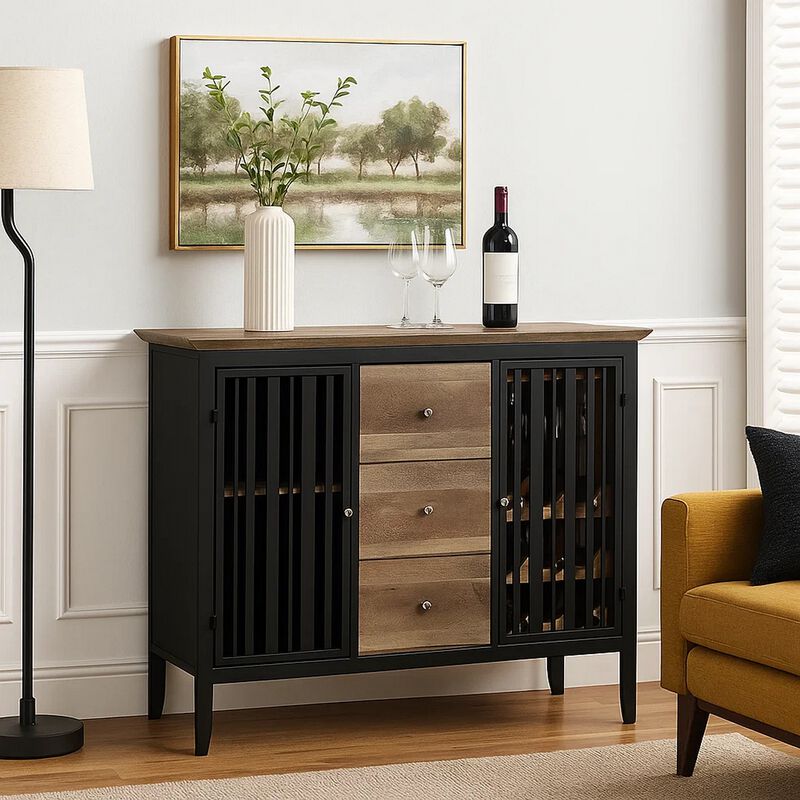 Nori 47 Inch Sideboard Buffet, 3 Drawers, Antique Oak Brown and Black