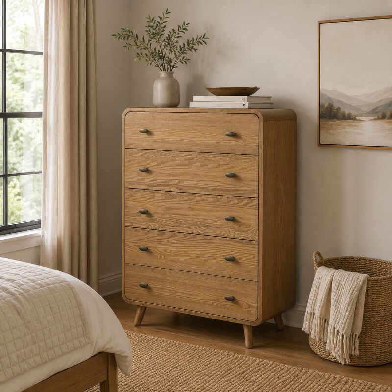 Ryb Tall Dresser Chest with 5 Drawers, Angled Legs, Brown Rubber Wood image number 8