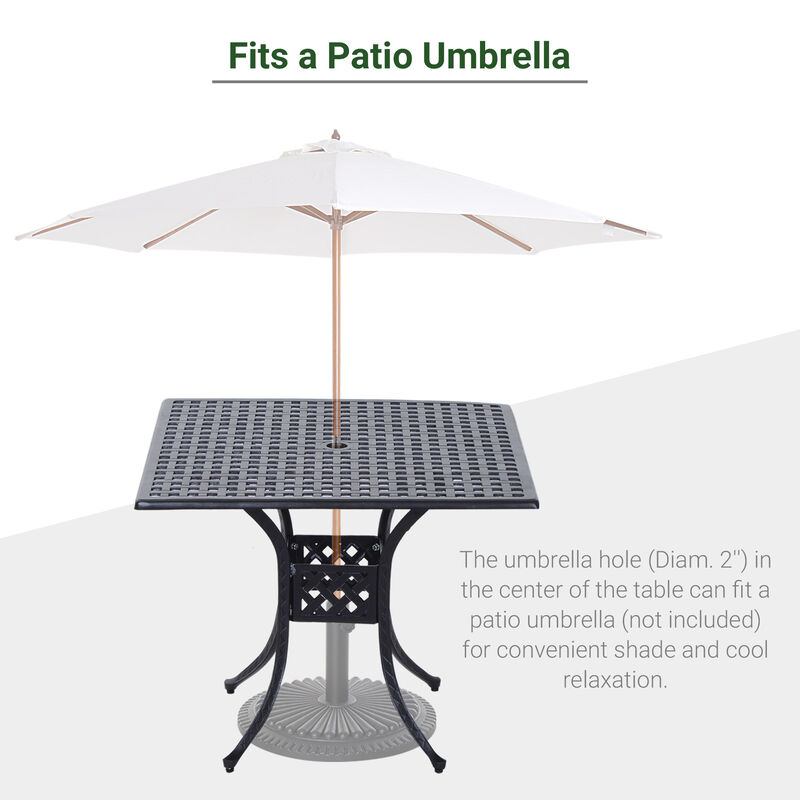 Outsunny 36" Square Patio Dining Table with 2" Dia Umbrella Hole, Cast Aluminum Outdoor Dining Table, Outdoor Bistro Table for Garden, Backyard, Porch, Black