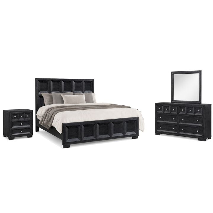 Kizie 4pc Queen Bedroom Set, Rustic Black Dresser Mirror XL Nightstand
