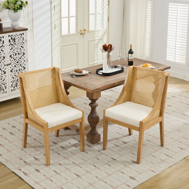 Whisen Rattan Dining Chairs, Solid Rubberwood Frame with Armrest, Linen Upholstered Seat, Set of 2 for Kitchen Living Room image number 3