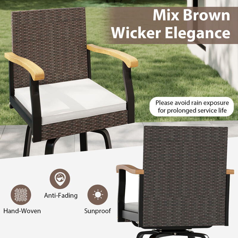 360-Degree Swivel Outdoor Bar Stool with Cushioned Seat and Wooden Armrests-Off White image number 5